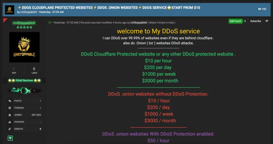 Photo: An image showcasing a DDoS as a Service offering on a forum