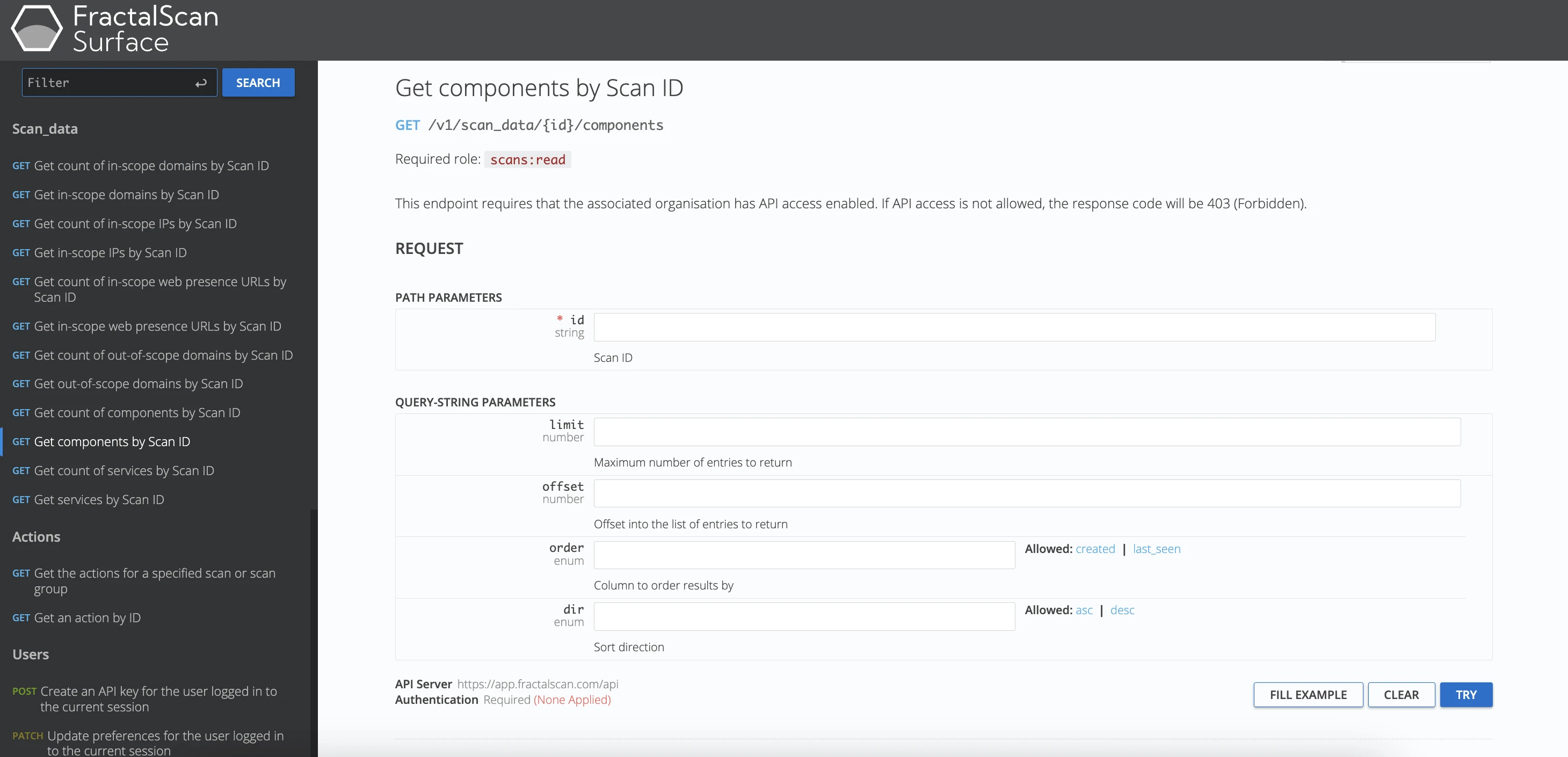 Component details API screen