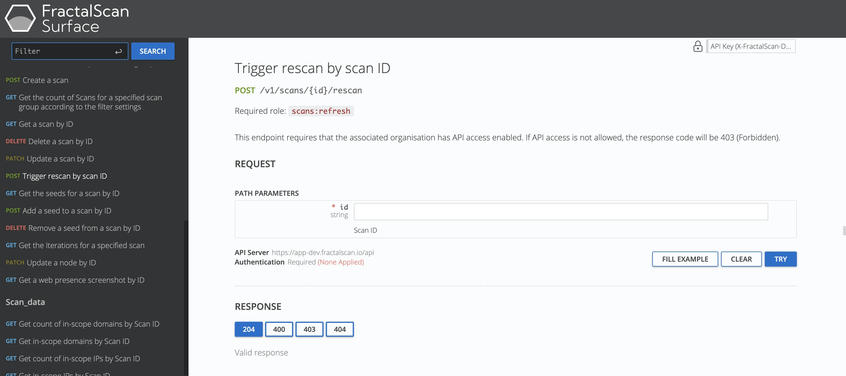 Rescan API screen